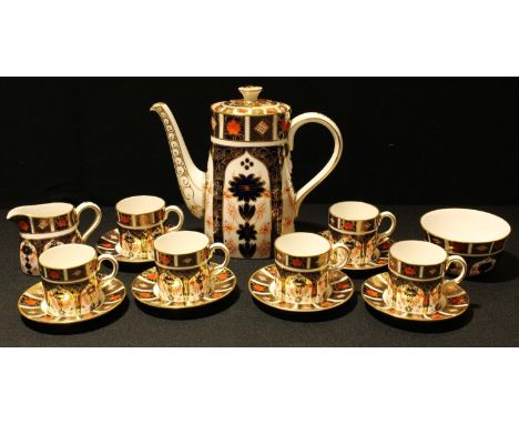 A Royal Crown Derby Imari 1128 pattern coffee pot, 21cm, six coffee cans and saucers, cream jug and sugar bowl, printed marks