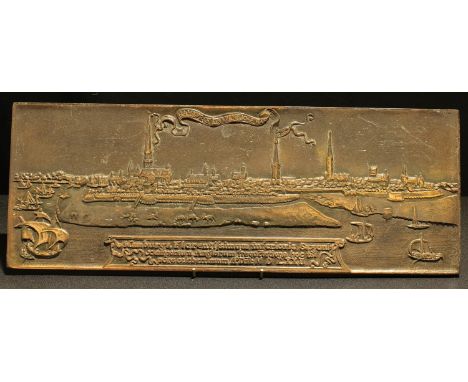 A rectangular architectural bas relief plaque, cast with a view of Hamburg, 20cm x 54cm 