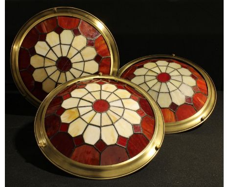 Lighting - a set of three leaded glass ceiling shades, bronzed metal cradles (3) 