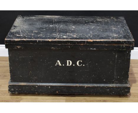A painted pine tool box and contents, woodworking and carpentry tools, planes, chisels, measuring gauges, braces; hand drills