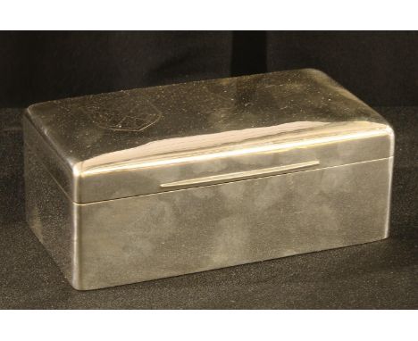 A late Victorian/Edwardian silver cigar box, hinged domed cover engraved with the arms of Thomas Morgan Joseph-Watkin (1856 -