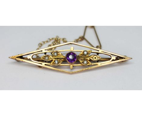 An antique amethyst and seed pearl brooch, marked '9ct', gross wt. 3.1g.  