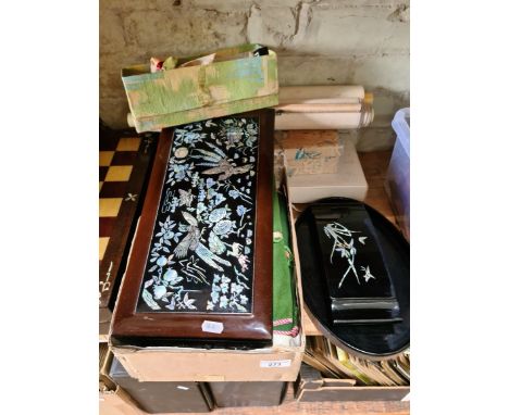 A selection of Korean items to include collectables, various seals, fans, chopsticks, two lacquered souvenir boxes with mothe