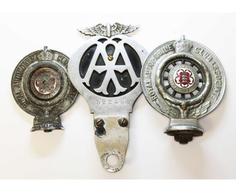 A group of three classic car badges comprising two Royal Automobile Club Association badges with central Lancashire rosettes 