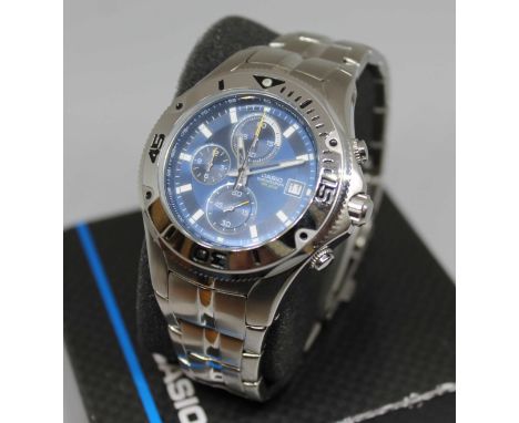 A Casio Chronograph stainless steel wristwatch, case diameter 44mm, with spare link and box.  