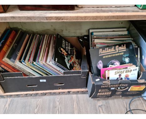 Two boxes of records including Elvis, The Rolling Stones, Bill Haley, The Kinks, Human League etc.  