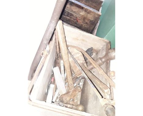 An old wooden tool trug of old hand tools, hammer, mallet, screwdrivers, spanners, chisels, etc and a two compartmental old w
