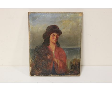 AN ANTIQUE UNFRAMED OIL ON CANVAS PORTRAIT STUDY OF A LADY 20.5 CM BY 26 CM