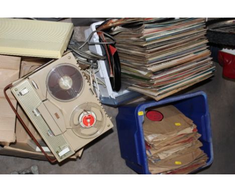 TWO BOXES OF RECORDS PLUS A TAPE RECORDER