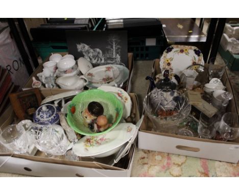 THREE TRAYS OF CERAMICS AND GLASSWARE TO INCLUDE COLCLOUGH CHINA,  PARKER PEN, RONSON LIGHTER ETC 