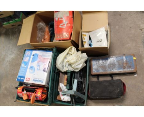 A BOX AND 2 TRAYS OF MIXED TOOLS, METALWARE, ELECTRICALS ETC