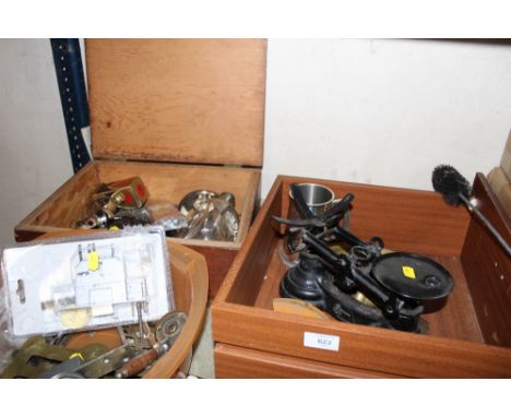THREE BOXES OF COLLECTABLES &amp; METALWARE TO INCLUDE LOCKS, SWATCH WATCH, SCALES ETC