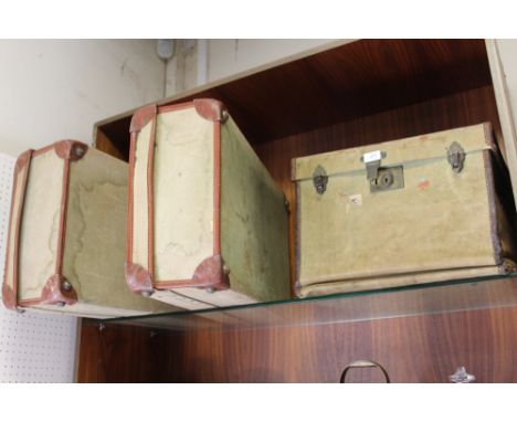 TWO VINTAGE CANVAS SUITCASES (ONE MISSING HANDLE), TOGETHER WITH A SIMILAR SMALL  TRAVEL TRUNK (3) 
