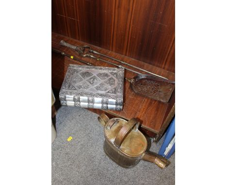 A VINTAGE METAL WATERING CAN, TOGETHER WITH A MODERN BOOK SHAPED JEWELLERY BOX AND TWO  FIRESIDE TOOLS 