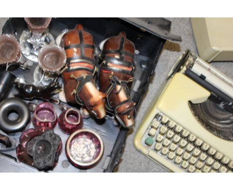 A BOX OF CERAMICS AND GLASSWARE TOGETHER WITH A CASED VINTAGE TYPEWRITER