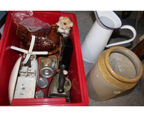 A BOX OF COLLECTABLES TO INCLUDE AN ENAMEL JUG, FLAT IRON, VINTAGE SCALES ETC