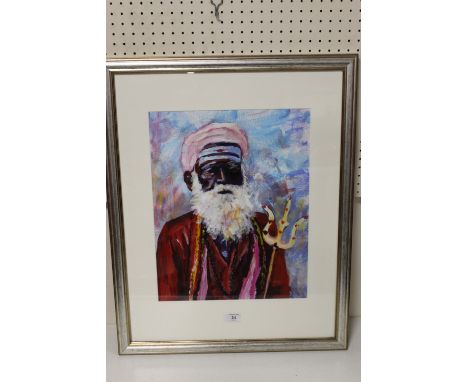 J. STOREY (XX). Portrait study of a bearded Eastern gentleman holding a trident, signed lower right, oil on canvas laid on bo