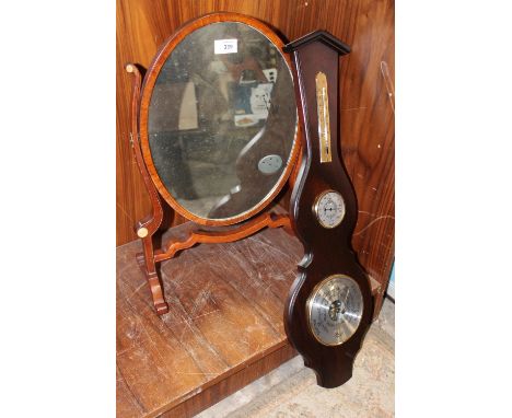 AN EDWARDIAN STYLE MAHOGANY DRESSING TABLE MIRROR, TOGETHER WITH A REPRODUCTION BAROMETER (2) 