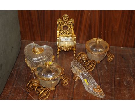 A COLLECTION OF&nbsp;FRANKLIN MINT&nbsp; GLASS AND GILT METAL TRINKET POTS ETC. TO INCLUDE CARRIAGE SHAPED EXAMPLES (5)