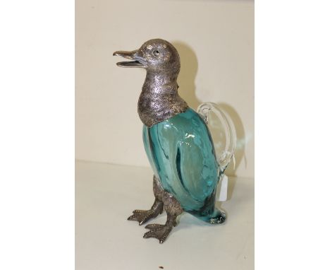 A NOVELTY SILVER PLATED MOUNTED BLUE GLASS DECANTER IN THE FORM OF A DUCK, H 27 cmCondition Report:glass eyes missing, hinge 