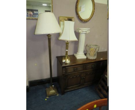 A BRASS EFFECT STANDARD LAMP AND SHADE WITH A SIMILAR TABLE LAMP AND A STAND, CANDLE ETC (4)