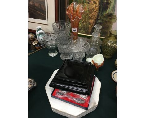 A quantity of various cut glass and other items including a two decanter liqueur set.
