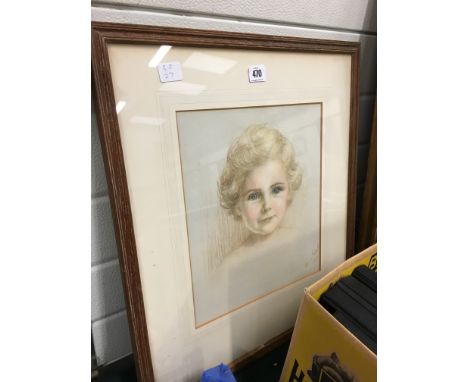 A framed and glazed portrait pastel: Portrait of a young girl.