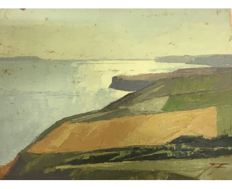JAMES FRY: Unframed oil on board; Ploughed hills and sea view in sun light (some faults), signed lower right with initials.