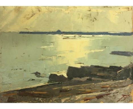 JAMES FRY: Unframed oil on board; Sea and rocks with sun light (some painting faults), signed with initials lower right (14.5