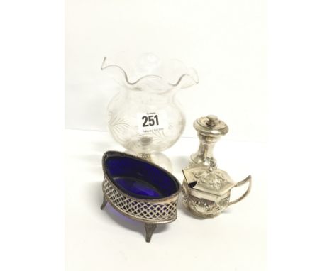 A small silver pepper grinder together with a cut glass vase on silver base and two silver plated condiment items.