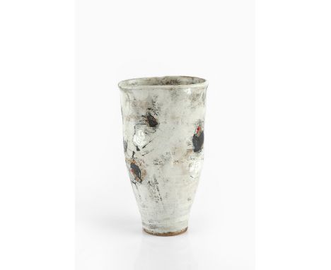 Robin Welch (1936-2019) Vessel stoneware, with textured grey glaze and spots of red and black impressed potter's seal 22.5cm 