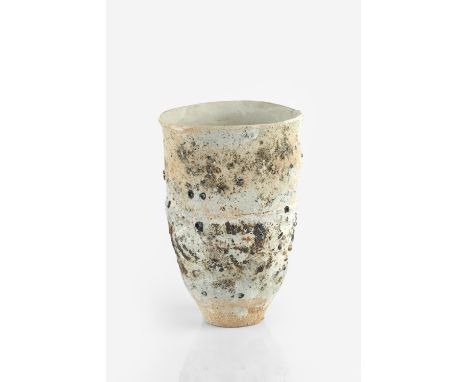 Robin Welch (1936-2019) Vessel stoneware, with textured cream and black glaze  impressed potter's seal 20cm high.