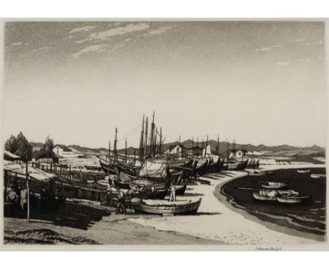 Norman Thomas Janes (1892-1980) A Beach in Cyprus, 1950 signed, dated, and titled in pencil (in the margin) etching 30 x 46cm