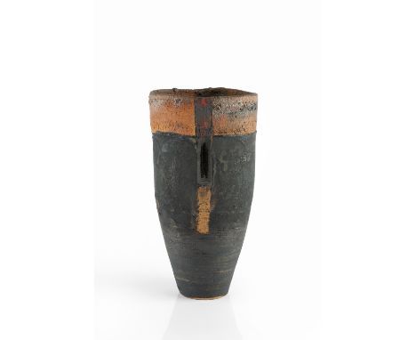 Robin Welch (1936-2019) Vessel stoneware, with dark glaze to the body below a band of russet glaze around the rim impressed p