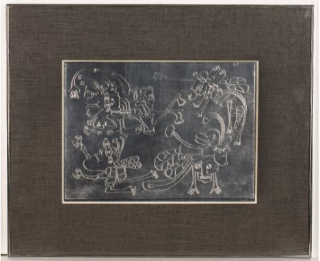 Pierre Caille (1911-1996) Three Surrealist scenes each inscribed and numbered silver-relief decorated print each 28 x 36cm.