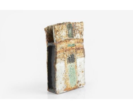 Robin Welch (1936-2019) Slab vessel stoneware, with textured blocks of coloured glaze impressed potter's seal 22cm high.