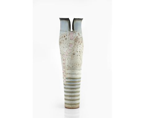 Robin Welch (1936-2019) Tall vessel stoneware, the rim with rectangular cuts, the body with textured glaze and striped patter