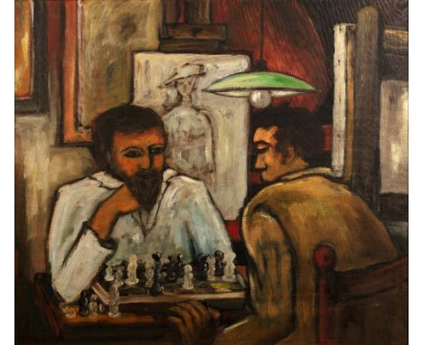 Pierre Goossens (b.1931) Chess Players signed (lower left), dated (to reverse) oil on canvas 79 x 89cm.