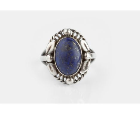 Georg Jensen Lapis lazuli single stone ring foliate and bead accents maker's mark for 1933-44 stamped '830S Denmark' numbered