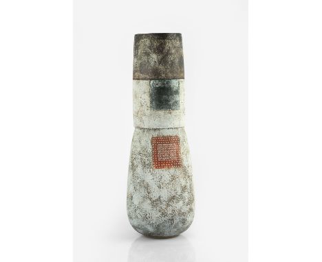 Robin Welch (1936-2019) Tall vessel stoneware, chimney form, with textured white glaze with squares of blue and red, the rim 