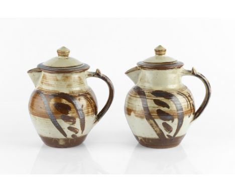 Seth Cardew (1934-2016) at Wenford Bridge Two coffee pots with brushwork decoration over oatmeal glaze impressed potter's and