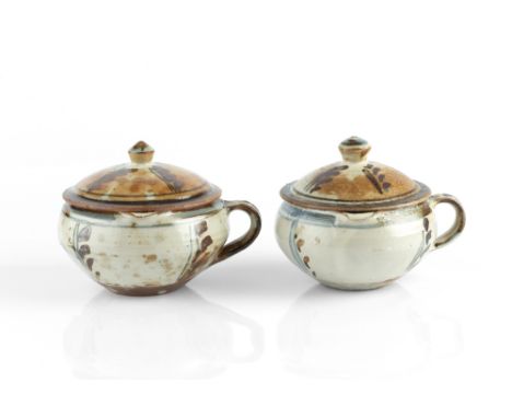 Seth Cardew (1934-2016) at Wenford Bridge Two soup bowls and covers with brushwork decoration over oatmeal glaze impressed po