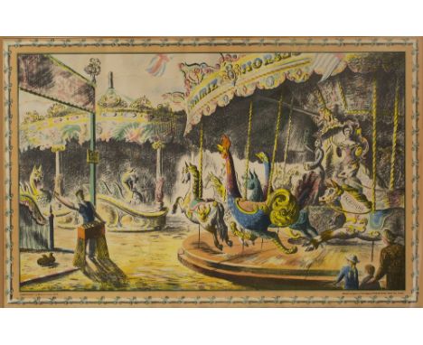 Barbara Jones (1912-1978)  Fairground lithograph printed by Baynard Press for School Prints Ltd. 42 x 68cm.