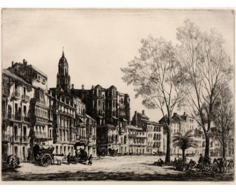 Sidney Tushingham (1884-1968) Continental town square signed in pencil (in the margin) etching 27 x 35cm.