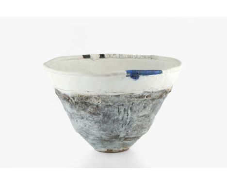 Robin Welch (1936-2019) Bowl stoneware, with textured grey glaze, the rim with white band of glaze and blue highlights impres