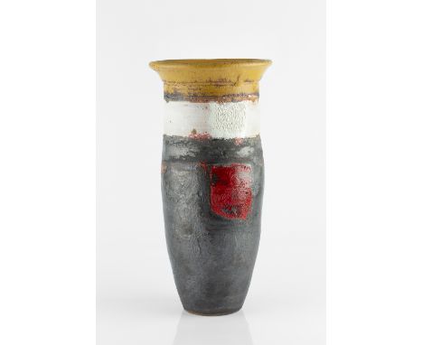 Robin Welch (1936-2019) Vase stoneware, with metallic glaze and bands of white and yellow under blocks of red and white impre