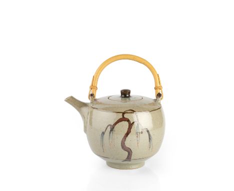 David Leach (1911-2005) at Lowerdown Pottery Teapot with cane handle celadon glaze with a tenmoku willow tree 29cm high (with