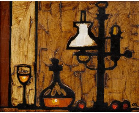 Colin Ruffell (b.1939) Still life - Oil Lamp and Wine signed with initials (lower right) oil on board 19 x 24cm.
