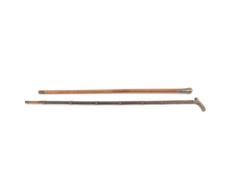 20th century novelty walking stick, the L-shaped metal handle as a whistle, bamboo cane, together with another novelty walkin