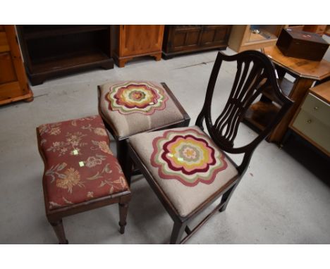 An early 19th century mahogany dining chair having shield back with later tapestry seat on straight legs, a similar chair bas